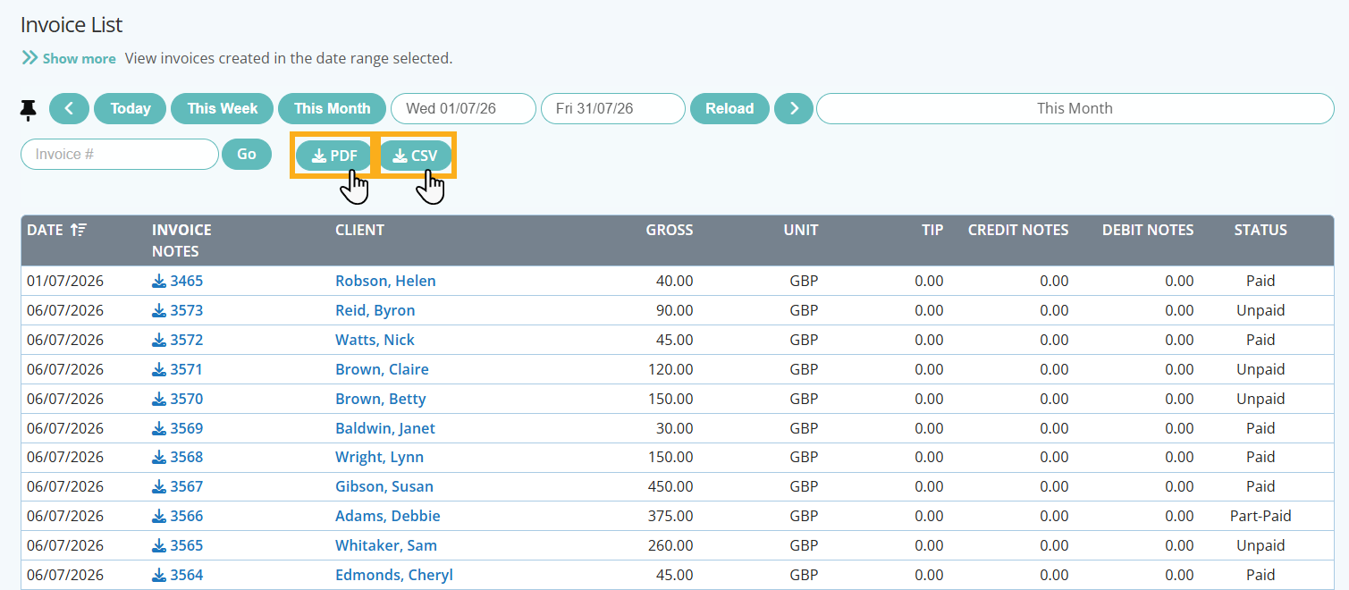 See a full invoice list for the date range in dog day care software.