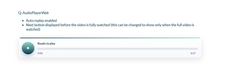 The image shows a video player interface with an audio player (AudioPlayerWalrus) that has an auto replay feature enabled, and the next button is available before the video is fully watched, which can be adjusted to activate only after the entire video has been played.
AI-generated content may be incorrect.