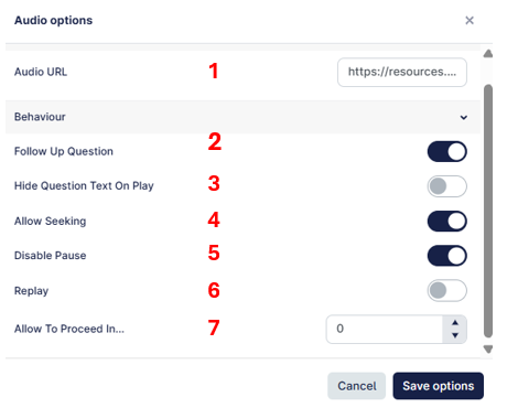 The image shows a user interface with various audio options, including setting audio URLs, enabling follow-up questions, hiding question text, disabling pause, replaying audio, allowing progress, and canceling options.
AI-generated content may be incorrect.