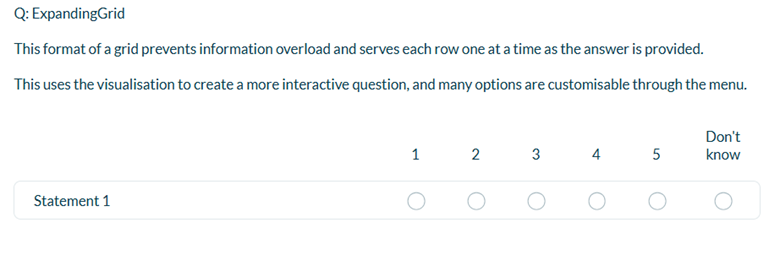 The ExpandingGrid format allows for a user-friendly, interactive question display with customizable options, preventing information overload and facilitating a step-by-step answer process.
AI-generated content may be incorrect.