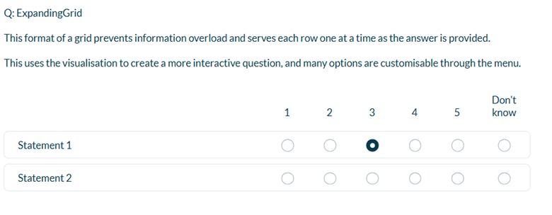 The image depicts an ExpandingGrid interface, presenting a series of questions with customizable answer options in a user-friendly, interactive format.
AI-generated content may be incorrect.