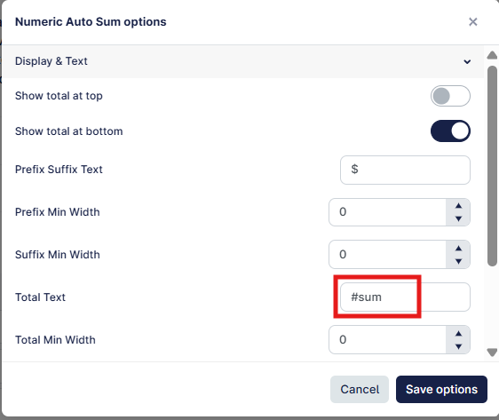 The image shows a user interface with various numeric auto sum options and text settings for display and formatting.
AI-generated content may be incorrect.