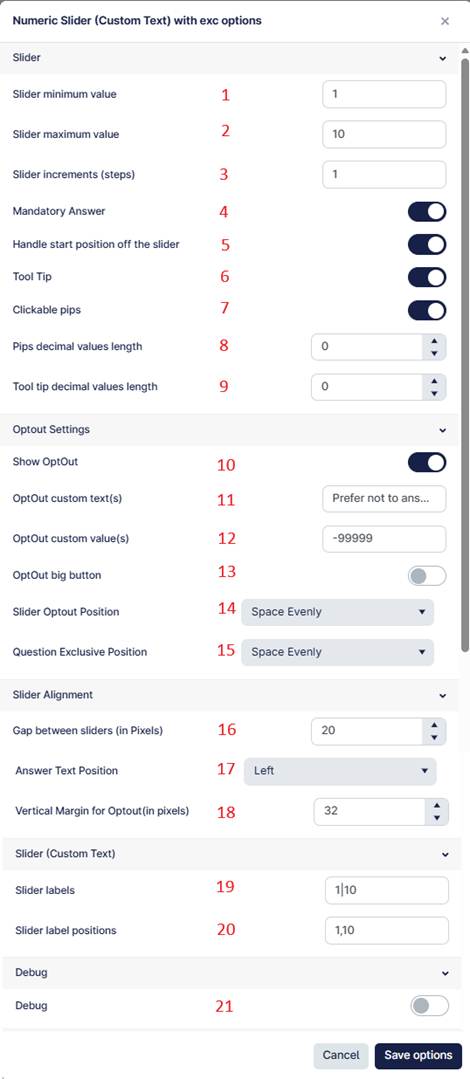 The image is a user interface for a slider input form, showing various settings and options for customizing sliders, including minimum and maximum values, increments, tooltips, and opt-out settings.
AI-generated content may be incorrect.