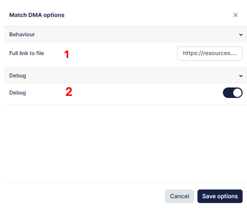The image displays a user interface with various settings for a software application, specifically for Match DMA options, including a dropdown for behavior, a link to a file, and options to debug or cancel, with a Save button present.
AI-generated content may be incorrect.