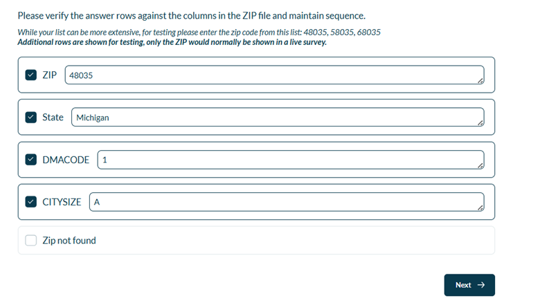 The image displays a form with input fields for verifying ZIP codes, specifically asking for Michigan ZIP codes 48035, 58035, and 68035, and includes a button to proceed.
AI-generated content may be incorrect.