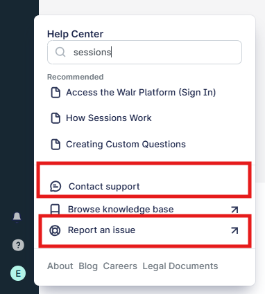 The Help Center interface includes sections for sessions, custom question creation, support, knowledge base browsing, and blog, with options to sign in, report issues, and navigate to career, legal, and document sections.
AI-generated content may be incorrect.