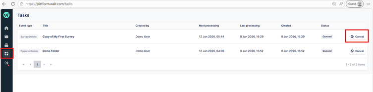 The image shows a task management interface with two tasks, one for a survey and one for a project, both in a queued state.
AI-generated content may be incorrect.