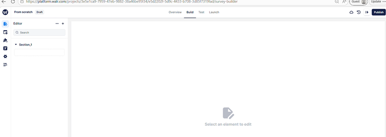 The image shows a user interface for a survey builder with options for creating, updating, and publishing a survey, including sections for XML editing.
AI-generated content may be incorrect.