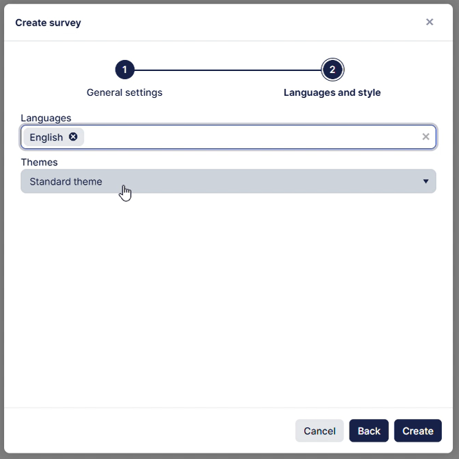The image depicts a user interface with a survey creation section, featuring language and theme settings.
AI-generated content may be incorrect.