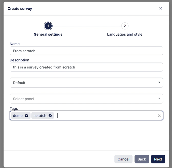 The image depicts a user interface for creating a new survey, with options for language, style, name, and additional customization settings.
AI-generated content may be incorrect.