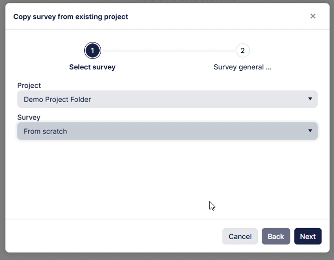 The image shows a user interface with a survey form, where a user can select a survey from an existing project or create a new one.

AI-generated content may be incorrect.