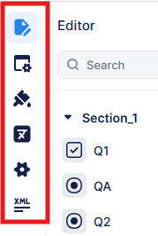 The image shows a user interface with a document editing screen featuring a search bar, a section titled 'Section 1', and various Q labels such as Q1, QA, and Q2.
AI-generated content may be incorrect.