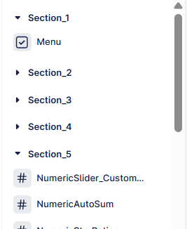 The image displays a menu layout with five sections titled Section_1 through Section_5, followed by a numeric slider customization option.
AI-generated content may be incorrect.