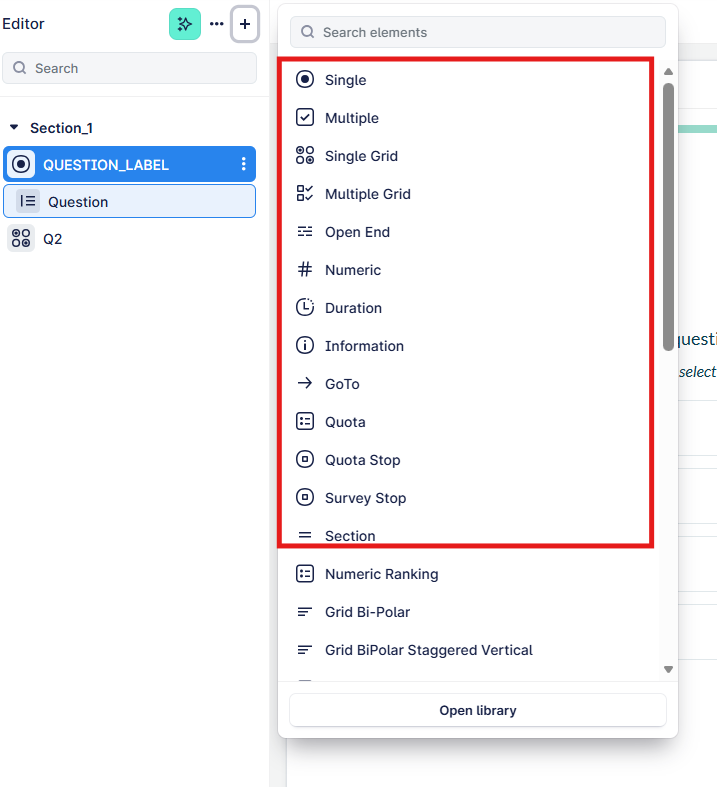 The image shows a user interface for a questionnaire application, with various input fields for single or multiple choice questions, numeric rankings, and different grid options for organizing responses.
AI-generated content may be incorrect.