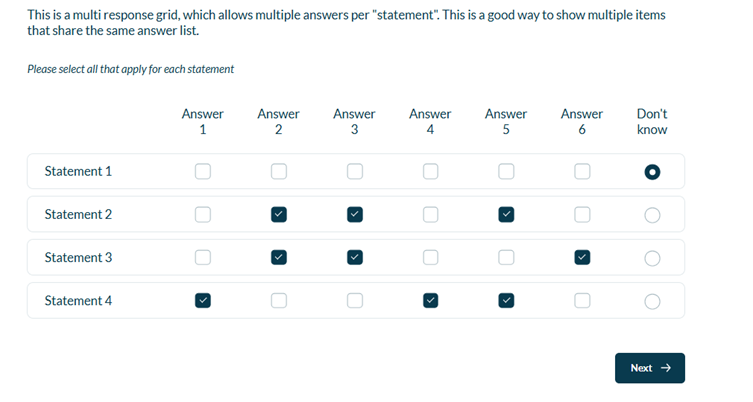 A multiple-choice grid for responding to various statements.
AI-generated content may be incorrect.