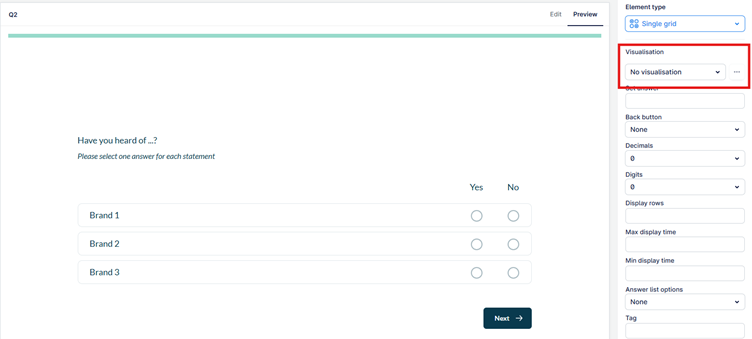 A user interface displaying a form with various input fields for a data visualization tool, including options for element types, editing, visualization, and brand selection.
AI-generated content may be incorrect.