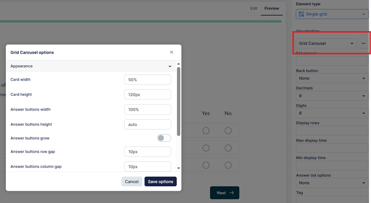 The image shows a user interface with a grid carousel, allowing users to adjust various options such as card size, number of rows, and display time for answer buttons.
AI-generated content may be incorrect.