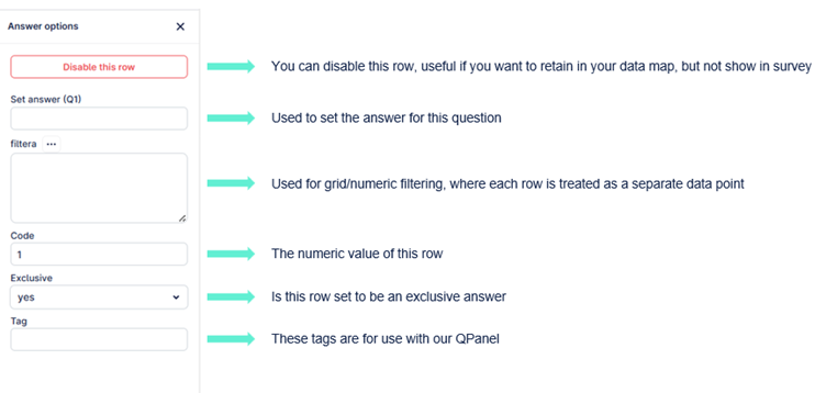 The image displays a survey form with various options to configure data display settings, including disabling rows, setting answers, and specifying filters.
AI-generated content may be incorrect.