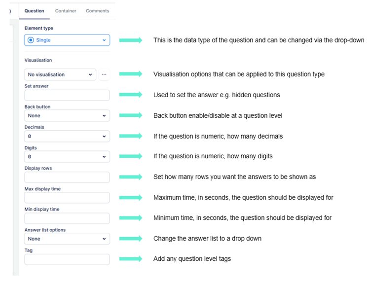The image is a user interface for configuring question attributes, including data type, visualization options, numeric formatting, display settings, and tagging.
AI-generated content may be incorrect.
