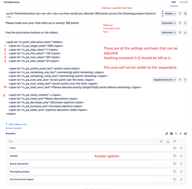 The image displays a form for users to allocate 100 points among various product factors, with sliders and input fields for adjusting values and error messages.

AI-generated content may be incorrect.