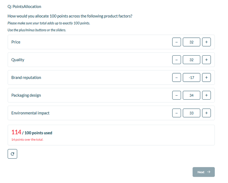 The image displays a quiz or survey form where users are asked to distribute 100 points among various product attributes such as price, quality, brand reputation, packaging design, and environmental impact, with some attributes requiring adjustment to ensure the total points sum up to 100.

AI-generated content may be incorrect.