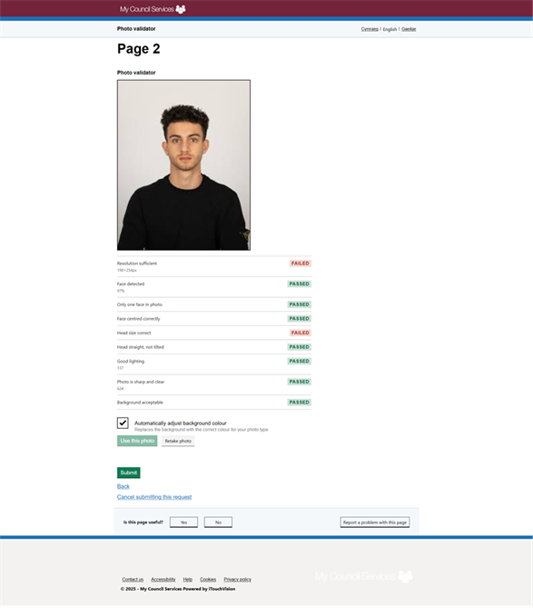 Title: Photo validation results showing failed resolution and head size checks - Description: Photo validation results showing failed resolution and head size checks
