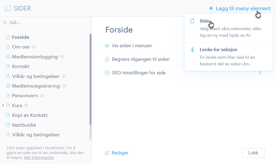 Legg til meny-elemet og så Side