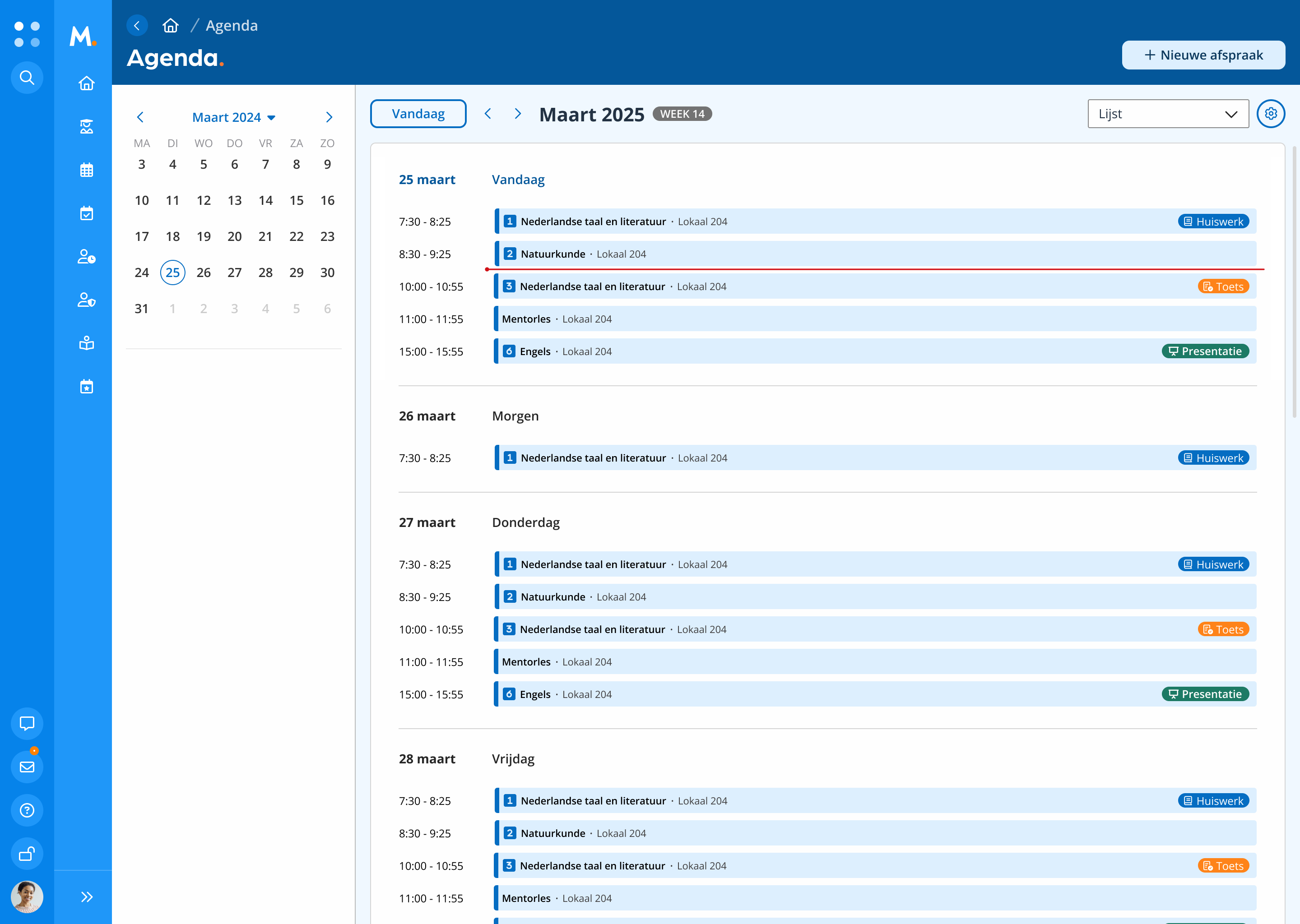 Agenda in lijst weergave
