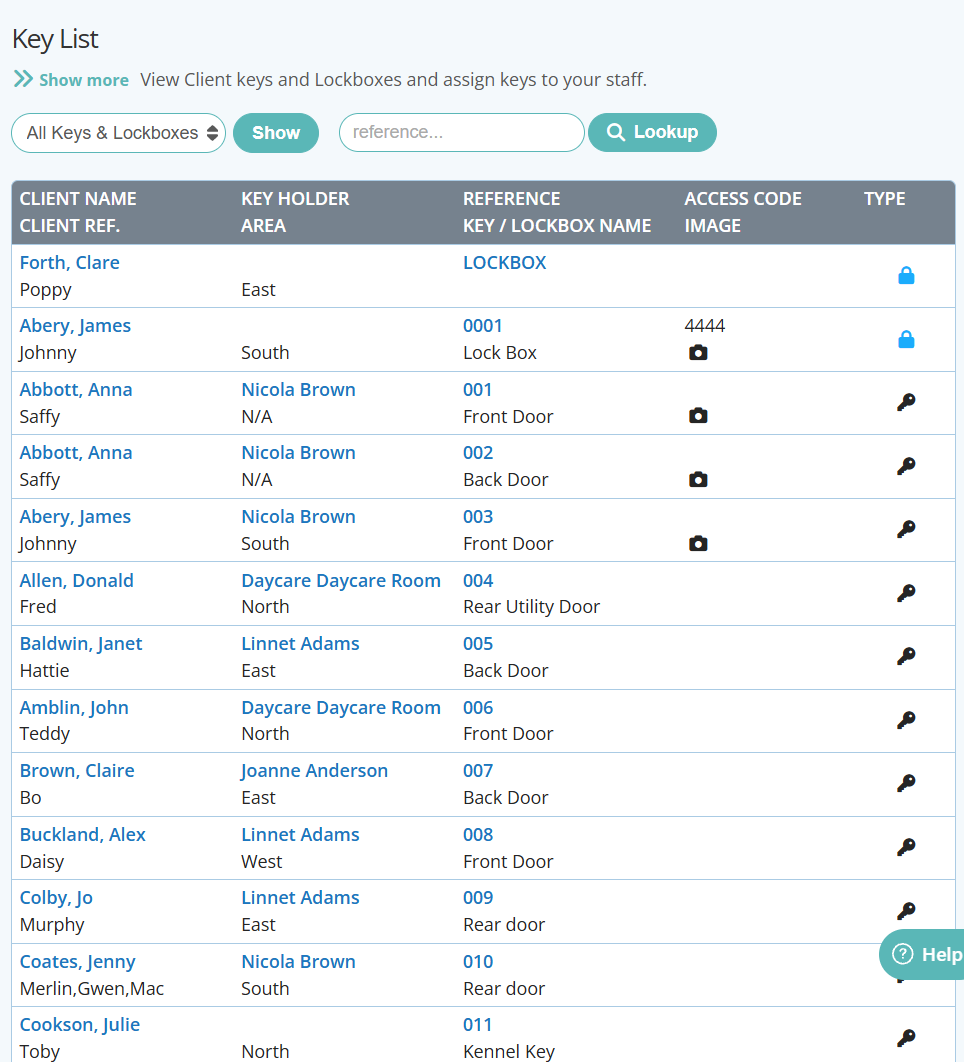 View all Client Keys or Lockboxes on the Key List Report in Pet Sitter Plus