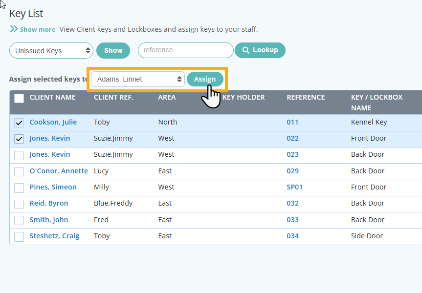Assign or re-assign keys to staff using the Key List Report in Pet Sitter Plus