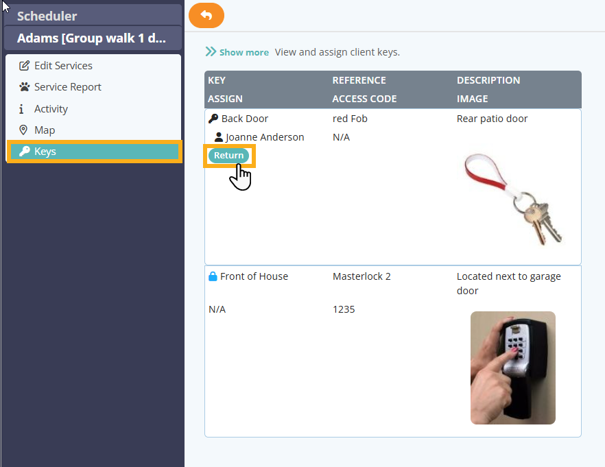 Return a Client Key to office from the Scheduler in Pet Sitter Plus