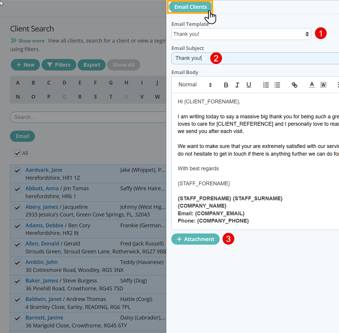 Send an email and attachment to all clients in Pet Sitter Plus