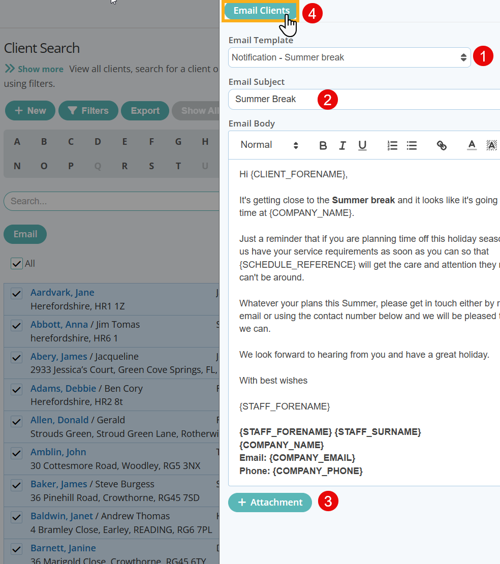 Email All or Some Clients and add an attachment in Pet Sitter Plus