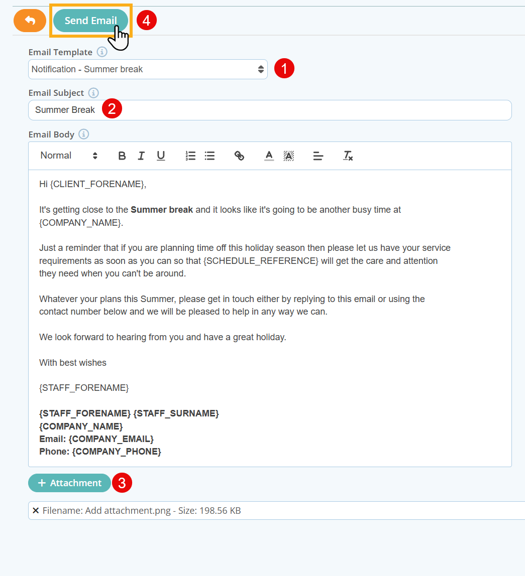 Email Clients and send an attachment in Pet Sitter Plus