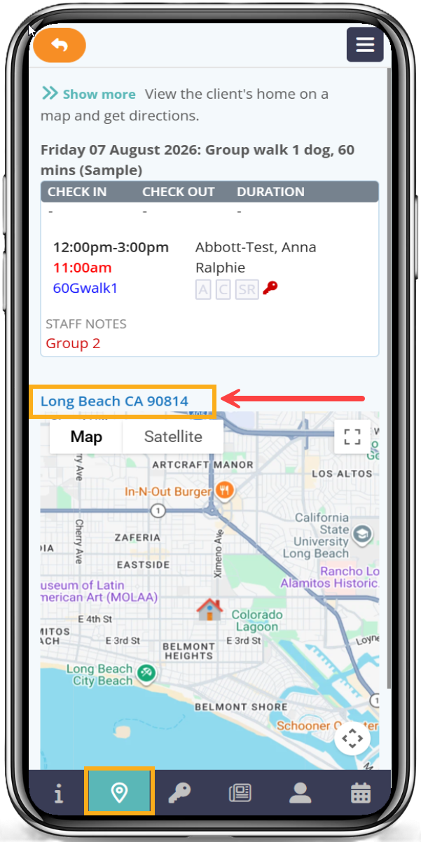 Acess a clients home location using a default map app in the Staff Dashboard in Pet Sitter Plus