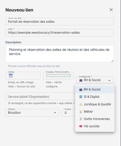 Liste des six categories disponibles