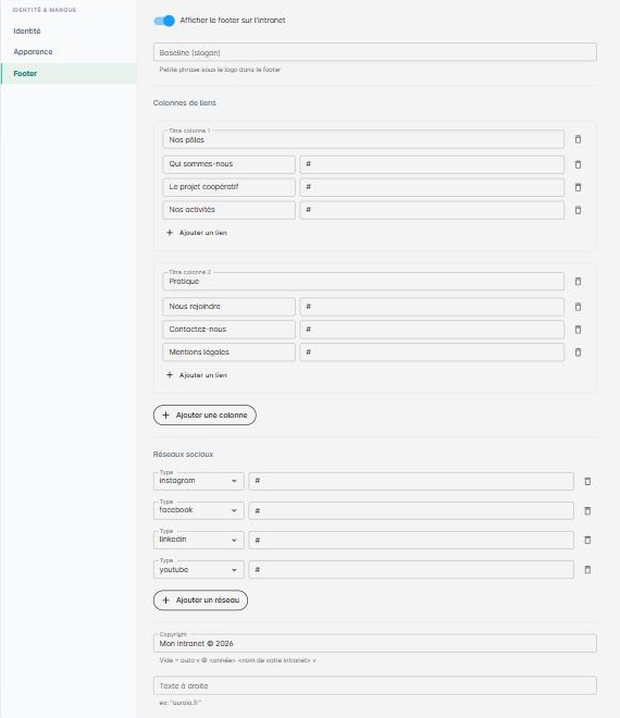 Panneau de configuration du footer dans le back-office