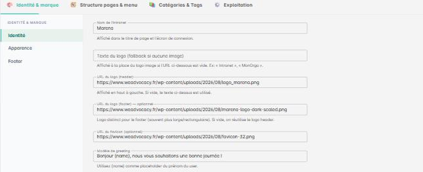 Champ URL du logo footer dans la section Identite