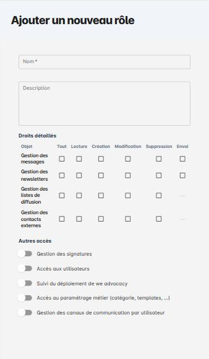 Formulaire de creation d un role avec la grille de droits