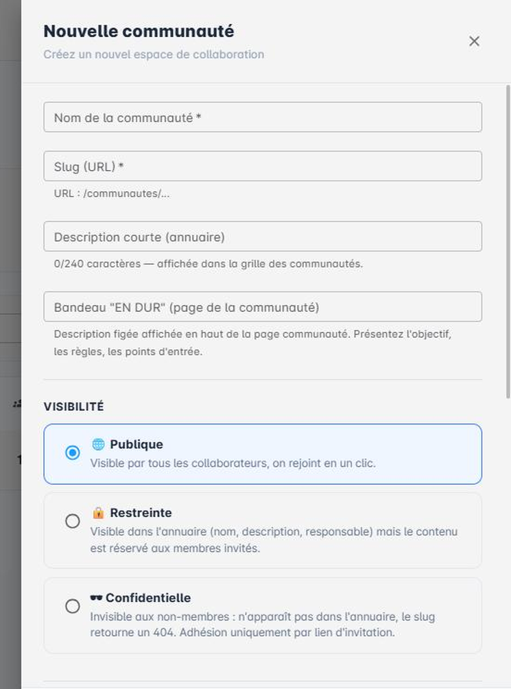 Formulaire de création : nom, slug, description, bandeau et visibilité