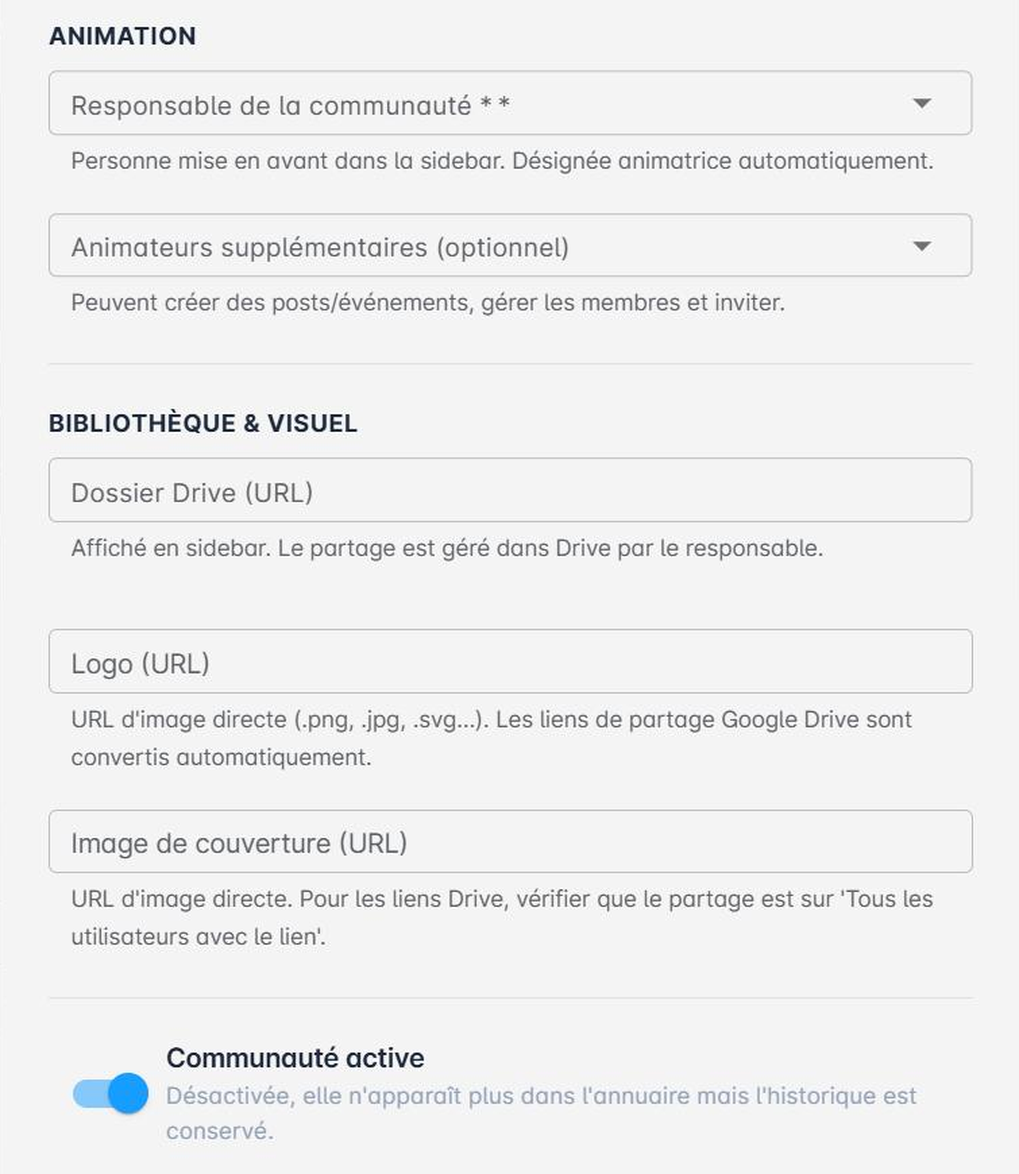 Sections Animation, Bibliothèque & visuel, et interrupteur Communauté active
