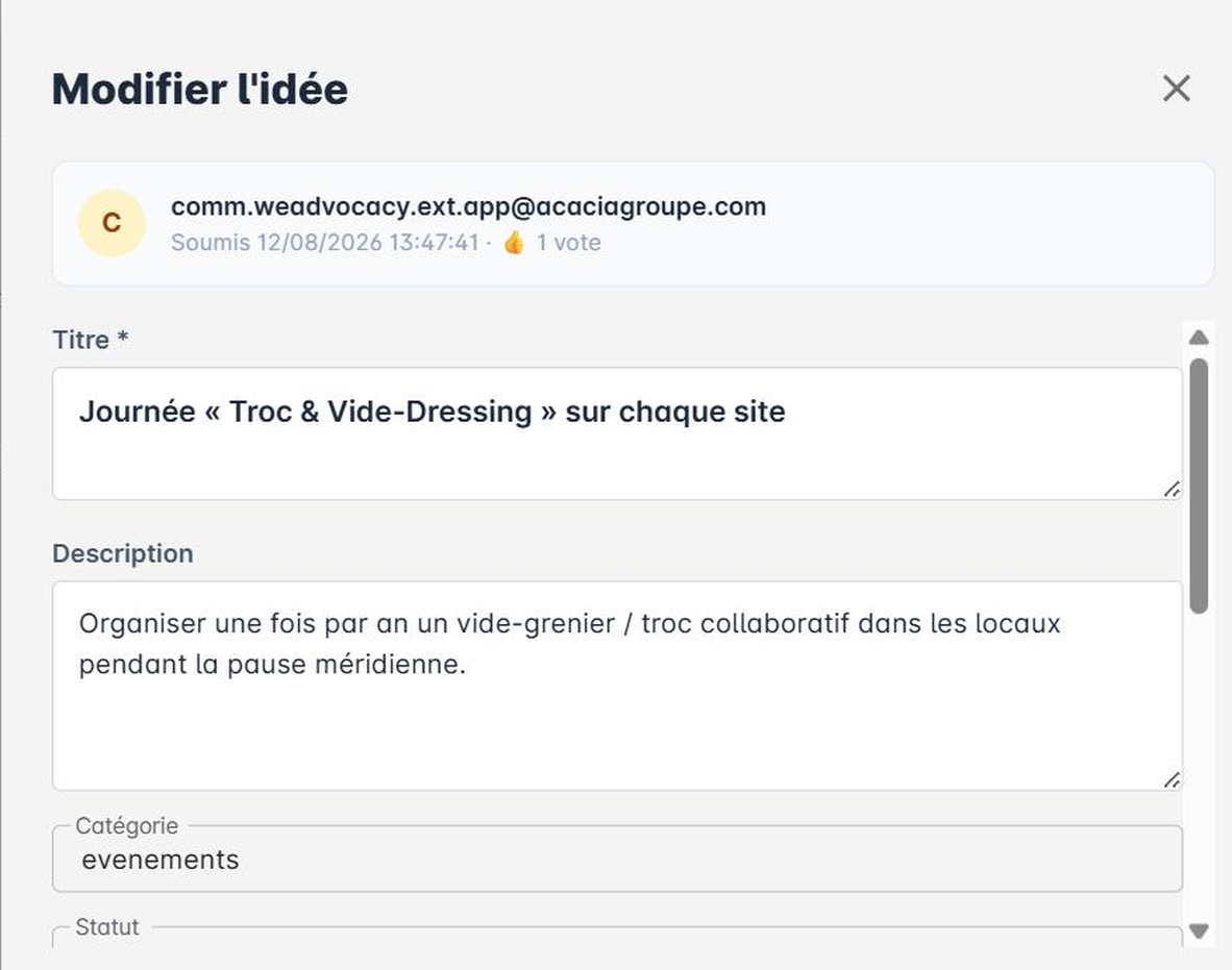 Panneau Modifier l'idée : auteur, titre, description, catégorie