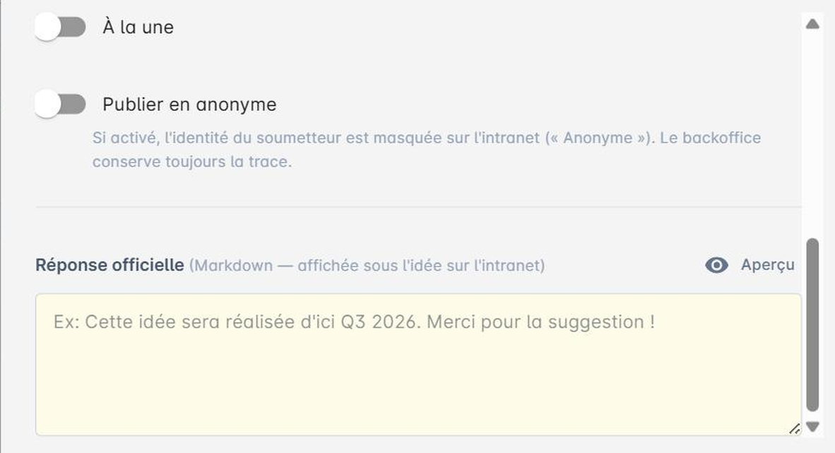 Options À la une, Publier en anonyme, et champ Réponse officielle