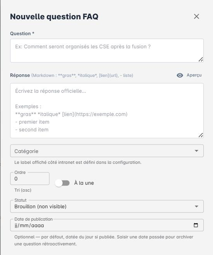 Panneau Nouvelle question FAQ