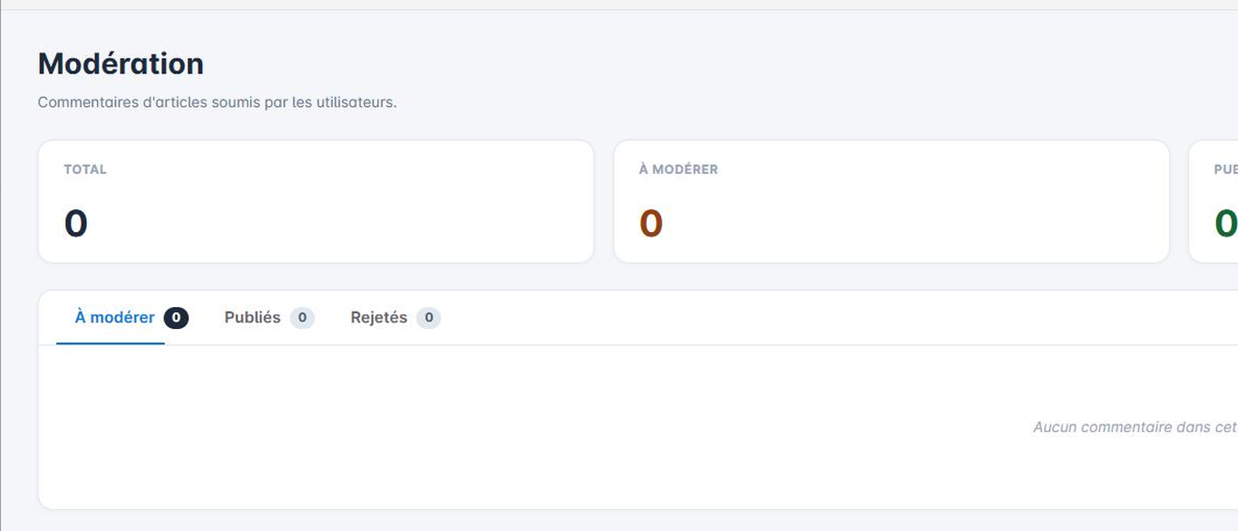 Écran de modération des commentaires