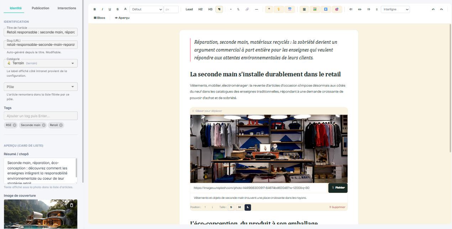 Éditeur d'article : réglages à gauche, contenu à droite