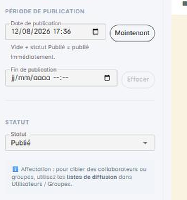 Onglet Publication : période et statut