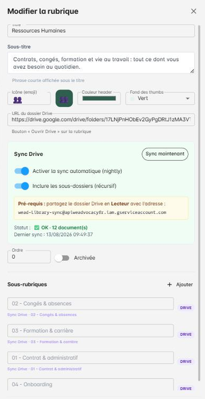 Panneau de modification d'une rubrique