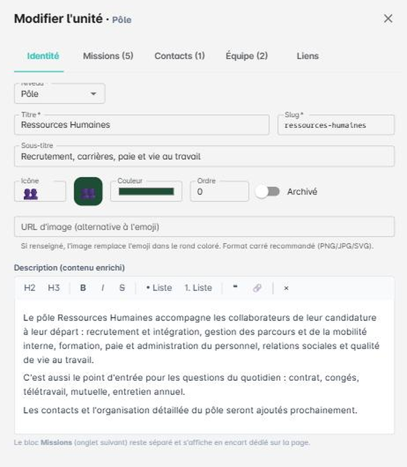 Panneau Modifier l'unité, onglet Identité