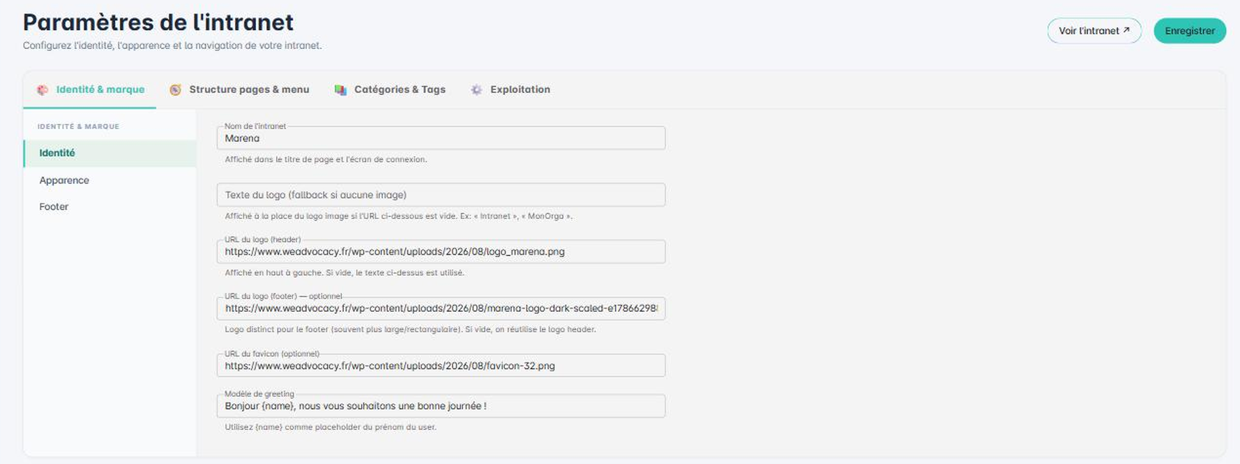 Section Identité : nom, logos, favicon, greeting